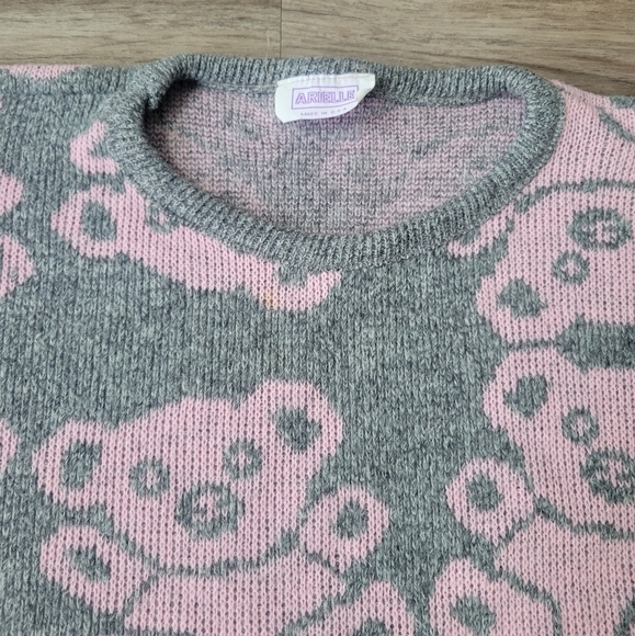 Vintage Arielle Teddy Bear Koala Acrylic Sweater Gray & Pink 80s 90s Kawaii M/L - Picture 7 of 14
